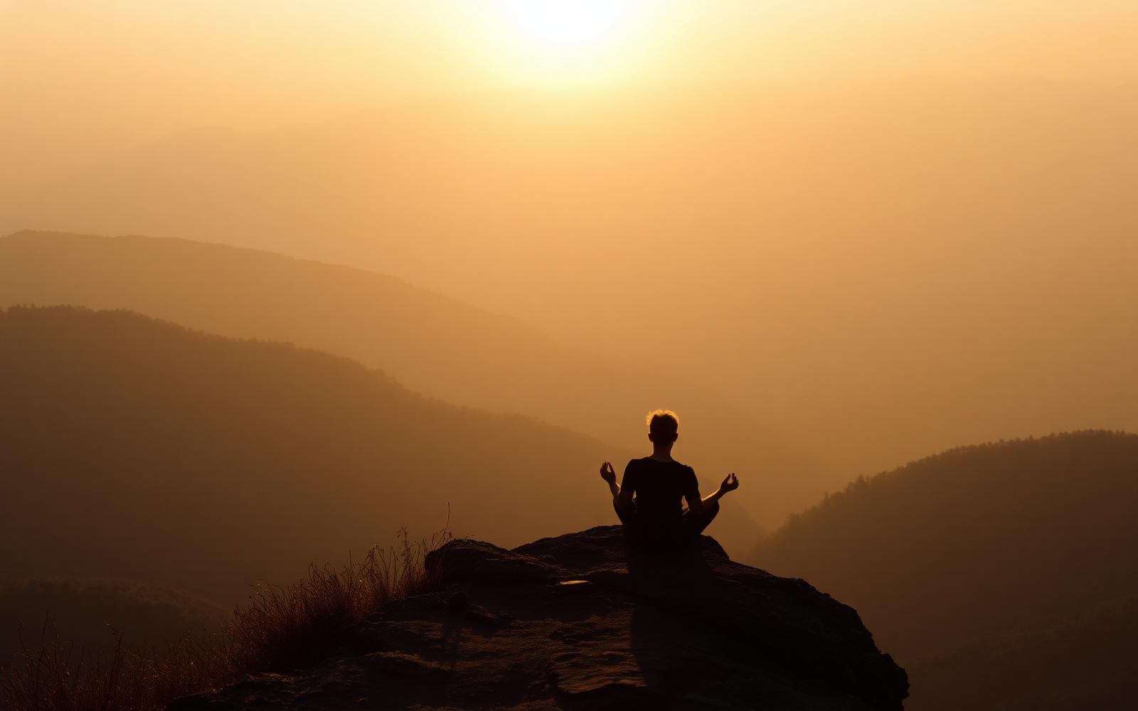 Person meditating at sunrise on a mountain